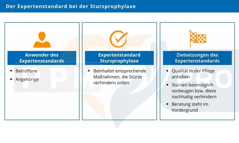 Diese Infografik zeigt die Expertenstandards bei der Sturzprophylaxe.