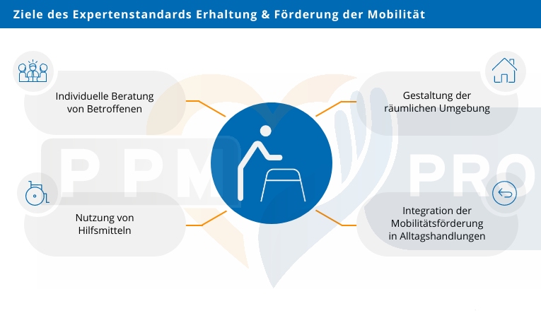 Infografik über die Ziele des Expertenstandards zur Erhaltung und Förderung der Mobilität von Senioren.