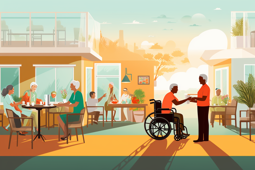 In dieser Grafik wird eine Außenterrasse im Sonnenschein dargestellt. Auf der Terrasse sind Tische und Stühle zum Sitzen aufgestellt. Mehrere ältere Menschen sitzen dort und unterhalten sich angeregt. Im Zentrum sind eine Person im Rollstuhl und eine Person ohne körperliche Einschränkung. Sie überreicht der Person im Rollstuhl einen Gegenstand. Beide sehen glücklich aus.