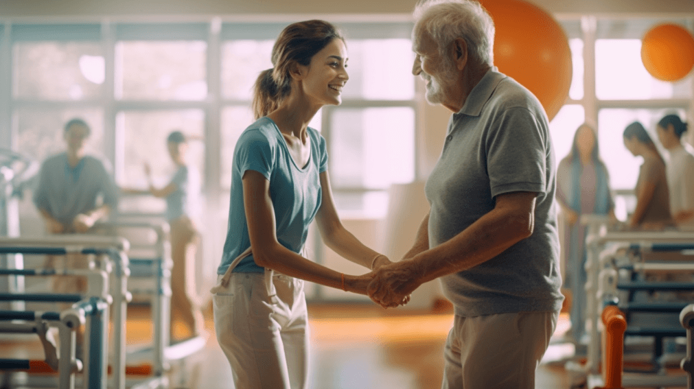 Eine Pflegerin in türkisem Shirt in einem Pflegeheim hält einen Senior an den Händen. Beide lächeln sich an. Der Senior trägt ein graues Poloshirt und eine beigefarbene Hose. Im Hintergrund sind Trainingsgeräte für Senioren sowie weitere Senioren und Pfleger und orange Deckenlampen zu erkennen.