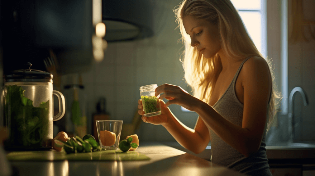 Eine Frau steht an ihrer Küche im morgendlichen Sonnenlicht. Sie trägt ein graues Tanktop und hält ein Glas mit geschnittenen grünen Gemüse in der Hand. Vor ihr, auf der Küchentheke, liegen weitere Gemüsesorten und eine Glaskanne mit grünen Kräutern um Flüssignahrung zu kochen. Im Hintergrund sind weitere Küchenutensilien zu erkennen.
